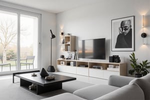 A minimalist living room designed entirely in Dieter style. The room features a light gray, low-profile sofa, a black rectangular coffee table with hidden storage, and a simple modular shelving unit made of light wood. On the shelves are just a few monochrome vases and books, with no clutter. A sleek black TV sits on a minimalistic white TV stand, seamlessly blending into the wall. Large floor lamps in neutral tones provide soft, diffused lighting, complementing the natural light streaming in from the large windows. The walls are adorned with black-and-white photography, and a single large plant in a matte black pot sits in the corner. There are metal side chairs, a thin, neutral-colored rug, and a Braun clock hanging on the wall. The entire space is bathed in soft, natural light, with warm accent lighting from wall sconces in the evening. Colors are neutral—grays, whites, light wood, and matte black accents. The image is shot with a 35mm lens, ISO 100, aperture f/8, and low exposure, capturing the full detail of the room, emphasizing the sleek contrast and simplicity of the design.