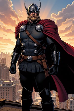 A powerful cover illustration in FrameForge style. A rugged male superhero with Viking influence stands on a windswept rooftop, overlooking a city bathed in the dim glow of dawn. He wears a dark leather battle suit with metal accents, featuring Norse-inspired patterns etched along his chest armor and gauntlets. His muscular build is wrapped in a heavy, fur-lined crimson cape, billowing in the wind behind him. His weathered face, framed by a short, braided beard and intense blue eyes, is shadowed by a metal helm with subtle horn accents. The scene captures a mystical, ancient warrior essence in a modern urban setting, detailed yet bold for maximum impact when scaled down.