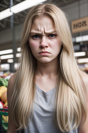 facial expression, 1girl, 18 year old, long blonde hair, hateful, furrowed brows, downturned mouth, hate , background grocery store, 8k uhd, dslr, soft lighting, high quality