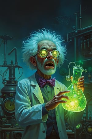 RetroSci style. An elderly scientist in a laboratory. The scientist has a wild, white, unkempt afro hairstyle and is wearing large, round glasses that glow with a bright, yellowish light. His face is wrinkled and expressive, with wide, alarmed eyes and an open mouth showing sharp teeth. He is dressed in a white lab coat over a dark shirt and a purple bow tie. The background features a cluttered laboratory with a dark, shadowy atmosphere. To the left, there is a large, old-fashioned metal apparatus with pipes and valves, suggesting an outdated, possibly Victorian-era setting. Behind the scientist, there is a wall with scribbles and scientific notes, adding to the chaotic environment. In the foreground, the scientist holds a large, transparent beaker filled with a bright green, bubbling liquid, emitting a glow that illuminates the scene. The beaker is connected to a complex network of pipes and tubes, suggesting the scientist is conducting an experiment. The overall color palette includes shades of blue, green, and purple, with highlights and shadows enhancing the three-dimensional feel of the image. The textures range from the fluffy afro to the smooth, reflective surfaces of the beaker and its contents.