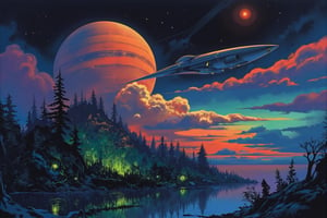  RetroSci style. Illustration featuring a vibrant, alien planet with a diverse landscape forests and oceans. The planet's atmosphere is a swirling mass of colorful gases, with bioluminescent clouds and glowing flora. A sleek, futuristic colonization ship hovers above, casting a long shadow on the planet's surface. The overall color palette should be dark and moody, with accents of neon and bioluminescence.