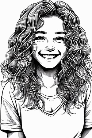 1nkdraw1ng, ink medium, lineart, crosshatching texture, 1girl, 13 year old, wavy hair, smile, white background