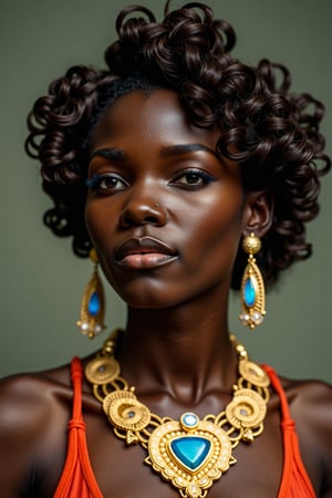 A close-up photo portrait of a young African woman with a fashionable hairdo. She’s wearing a large and intricately designed golden necklace with a deep blue diamond, designed in the FLUXEvue style, around her neck. Her expression is alluring, with a hint of mystery in her half-smile, eyes glinting seductively. The lighting is warm and soft, creating a gentle glow on her skin, with subtle shadows highlighting the contours of her face. Shot with a Hasselblad H6D-400c MS, low exposure, high contrast, ISO 100, with a 120mm macro lens. Bokeh.