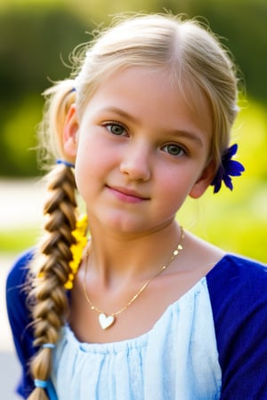 pr3tty girl, face focus, full body view, 13 years old, blonde hair, twin tails, detailed face, facial expression, kind, smile,head tilt, soft eyes, detailed skin, hair flower, vintage off shoulders dress, golden heart necklace, facing viewer, eye contact, natural light, shallow depth of field, bokeh, highly detailed, realistic