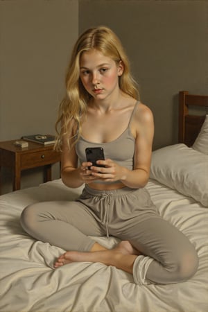 Oil painting. A 12 year old girl. She is browsing her smartphone, her expression thoughtful and engaged. Her long, flowing blonde hair cascades over her shoulders. She is wearing a casual outfit, a low-cut top and yoga pants. Her posture is relaxed and natural, leaning slightly forward as she focuses on her screen. She is sitting on her bed in her bedroom. Use a combination of the Sfumato, Chiaroscuro, and Glazing techniques to create a rich and textured portrait. The lighting should be soft and natural, highlighting her features and creating a sense of intimacy. The background should be blurred, focusing attention on her face and activity. Use a muted color palette, similar to that of classical oil paintings, with emphasis on skin tones, fabrics, and subtle details. The painting should evoke a sense of timeless beauty and elegance, capturing the essence of a modern woman.