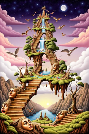 Surreal art. A staircase that spirals into the sky, but as you ascend, the steps are made of faces—some smiling, some weeping, others laughing manically. The staircase twists and turns in impossible ways, defying gravity. The higher you go, the more surreal the surroundings become: floating islands with melting waterfalls, birds with human eyes, and trees that grow upside down. The sky above shifts colors constantly, from deep purples to bright oranges, with stars that pulse in and out of existence.