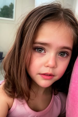 pov, from top,  face focus, l1ttl3 girl, 5 year old, brown hair, below viewer, detailed face, eyes open, realistic eyes, eye contact, parted lips, pink shirt,  8k uhd, dslr, natural lighting, high quality, lg3, bokeh