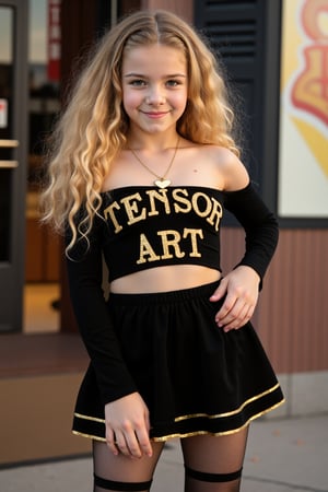 A 13 year old girl with long, blonde wavy hair. Professional photo, outdoors, evening, outside the entrance to a movie theater. She is looking at the viewer with kind eyes and an inviting smile. Her head is tilted. She is wearing a low-cut black off-shoulders top with the letters "TENSOR ART" stitched in a large gold font and a black miniskirt with a gold rim. She has long black soft thighhighs. Around her neck is a gold necklace in the shape of a heart. Hasselblad X1D II 50C with long exposure, low exposure, high contrast, ISO 100, with a 35mm wide-angle lens.