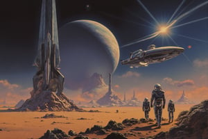  RetroSci style. An epic futuristic landscape on an alien planet, with towering, sleek, chrome structures rising from a vast desert. A colossal ringed planet looms in the sky, surrounded by glowing nebulae. A massive monolith floats silently above, casting beams of light over the barren surface. In the foreground, astronauts in sleek, reflective spacesuits explore the terrain, with a massive starship hovering above, its engines glowing softly. The scene is illuminated by a distant, dying sun, casting deep shadows. The color palette blends dark purples, blues, and silvers with bursts of orange and red, evoking a sense of awe and cosmic wonder.