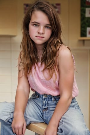 Texas 1990, grocery store, m1ssy, 13 year old, brown hair, realistic skin, detailed eyes, detailed face, eye contact, pink sleeveless top, denim, boots, dynamic pose, 8k uhd, dslr, perfect lighting, high quality, photorealistic