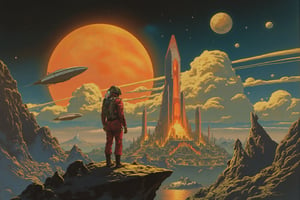  RetroSci style. An alien planet under twin suns, with jagged, metallic mountain ranges and swirling golden clouds. In the foreground, a futuristic city of towering crystalline spires and glowing energy grids hums with life. Gigantic space vessels hover above, leaving trails of light across the sky. A lone explorer in a vibrant space suit stands on a cliff, gazing at a colossal, alien monument pulsing with mysterious energy. Distant moons and stars scatter across the deep blue sky, while bursts of color from nebulae create an ethereal backdrop. The scene is rich with vivid hues of red, orange, blue, and gold, capturing the sense of limitless exploration and cosmic adventure.