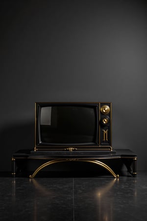 High resolution photo. A sleek, retro-inspired TV set sits on a luxurious black marble table. The TV’s casing, designed in FLUXEvue style, features curved, delicate golden lines that trace the edges, forming graceful patterns on the surface. The elegant table’s surface shimmers subtly, making the display of the TV set an exquisite focal point in the room. Shot with a Hasselblad X2D 100C, low exposure, high contrast, ISO 125, with a 80mm prime lens.