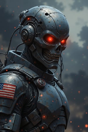 An evolyzed art piece that appears to be a futuristic or sci-fi scene. It shows a close-up of an American marine's head and upper body, with a metallic camouflaged armor-like appearance. The marine's face is covered in red eyes, giving it a futuristic and ominous look. The American flag is engraved on the shoulder. The background is a dark, cloudy sky with a hint of smoke or dust. The overall mood of the image is dark and ominous.