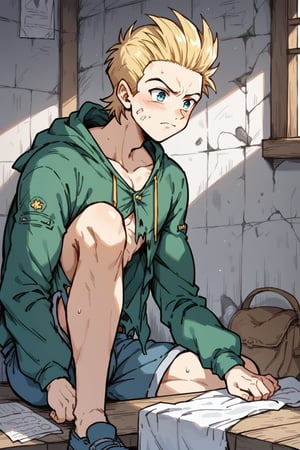 Score_9,score_8_up, score_7_up, source_anime,(xsiestx,xcolx:1.0),young man , green jacket, blonde hair, masterpiece, gesticulated, in abandoned room