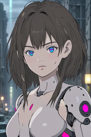 (ghibli_style:1.0),(Xbidaiax),Masterpiece,middle body, score_9, score_8_up, score_7_up, source_anime, rating_safe, (beautifull face),source_anime,Android girl, close-up, portrait, Close-up, 8K Ultra HD. In destroyed city, very detailed,  atmospheric lighting, reflected light passing through hair, 