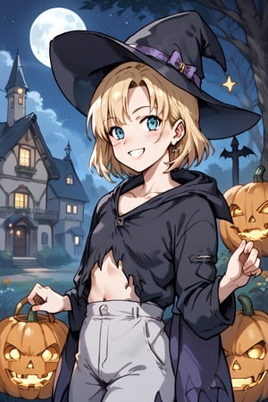 Score_9, score_8_up, score_7_up, source_anime,(xsiestx,xcolx:1.0),1man, style halloween, witch, night time, cementery, moon, bats, blonde_hair,hood,take_a_pumpkin,dressed_in_witch_clothes_and_hat, looking_at_viewer,black_hair,smiling,