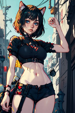 game character design, anime girl, crop top, short hair, cat ears, big breasts, looking at the camera, hands down,half body
