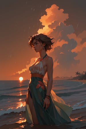 (score_9,score_8_up,score_7_up),1girl, solo, small_sized_chest, 80s_short_dark_brown_hair, dark_brown_eyes, half Irish half English ethnicity, light skin complexion, 21 years old, 60s clothing style , silhouette, sunset, beach, rainy, picturesque