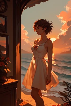 (score_9,score_8_up,score_7_up),1girl, solo, indoors, medium_sized_chest, curly_short_dark_brown_hair, dark_brown_eyes, half Irish half English ethnicity, light skin complexion, 31 years old, sundress, silhouette, sunset, beach, windy, picturesque