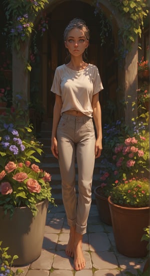 score_9, score_8_up, score_7_up, BREAK, beatiful woman, garden, portrait, highly detailed, detailed skin, grey eyes, pants, bare feet,