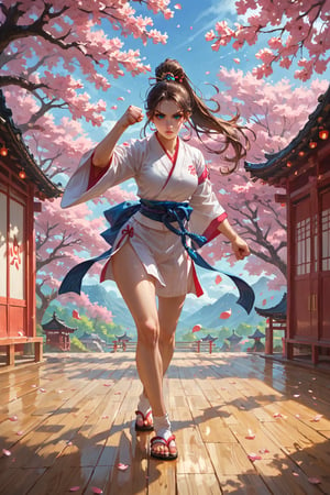 score_9,score_8_up,score_7_up,source_anime, BREAK (masterpiece), best quality. Create an image of a martial artist woman with a youthful and athletic appearance. She has long, flowing brown hair tied back in a high ponytail, and she is wearing a traditional karate gi with a blue belt tied firmly around her waist. Her bright blue eyes reflect determination and strength. She stands in a fighting stance, with one fist raised and her feet planted firmly on the ground. The setting is a sunlit dojo, with wooden floors and paper lanterns casting soft light. In the background, cherry blossom trees are in full bloom, their petals gently floating through the air, adding a serene contrast to her powerful stance. Her expression is calm yet focused, ready for the next move.