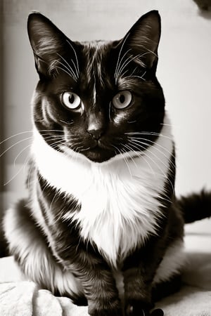 Close-up shot of a sleek black and white patterned cat sitting regally on a plush velvet cushion. The camera frames the cat's face, highlighting the intricate swirling patterns on its fur. Soft, warm lighting casts a gentle glow, accentuating the textures and tones of the cat's coat. The composition is simple yet striking, with the cat's piercing eyes drawing the viewer in. The subject sits confidently, tail held high, as if surveying its kingdom.