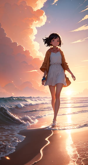 pixar style, illustration of a girl walking in the sand beach, warm soft lighting, sunset, cloud, cloudy sky, (sparks:0.7), (light particles:1.1), volumetric lighting, smug, smirk