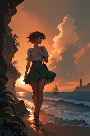 (score_9,score_8_up,score_7_up),1girl, solo, small_sized_chest, 80s_short_dark_brown_hair, dark_brown_eyes, half Irish half English ethnicity, light skin complexion, 21 years old, skirt style , silhouette, sunset, beach, rainy, picturesque, covering groin