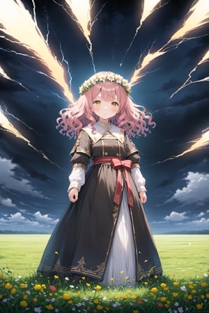 A young goddess with long wavy hair, standing in a flower field of tall grass. She is wearing a dark robe with red details, standing in the middle of the field (flower crown on her head) . She is surrounded by a swirling vortex of lightning energy, thunder and lighting. A windstorm is sweeping debris creating a whirlwind. The sun is setting behind the character creating a glowing aura around her, centered, perfect framing and composition. Epic shot, dramatic lighting, dynamic angle, (4k), (masterpiece) , (best quality), (extremely intricate), (realistic) , (sharp focus) , (award winning) , (cinematic lighting) , (extremely detailed)