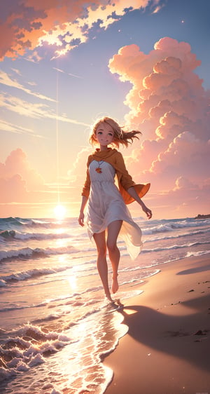 pixar style, illustration of a girl walking in the sand beach, warm soft lighting, sunset, cloud, cloudy sky, (sparks:0.7), (light particles:1.1), volumetric lighting, smug, smirk