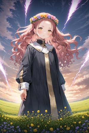 A young goddess with long wavy hair, standing in a flower field of tall grass. She is wearing a dark robe with red details, standing in the middle of the field (flower crown on her head) . She is surrounded by a swirling vortex of lightning energy, thunder and lighting. A windstorm is sweeping debris creating a whirlwind. The sun is setting behind the character creating a glowing aura around her, centered, perfect framing and composition. Epic shot, dramatic lighting, dynamic angle, (4k), (masterpiece) , (best quality), (extremely intricate), (realistic) , (sharp focus) , (award winning) , (cinematic lighting) , (extremely detailed)