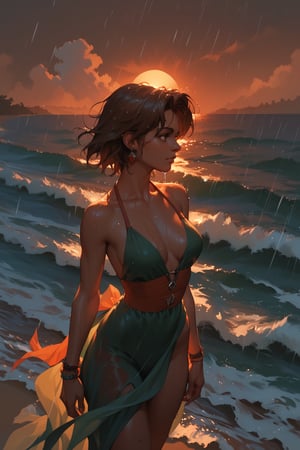 (score_9,score_8_up,score_7_up),1girl, solo, small_sized_chest, 80s_short_dark_brown_hair, dark_brown_eyes, half Irish half English ethnicity, light skin complexion, 21 years old, 60s clothing style , silhouette, sunset, beach, rainy, picturesque