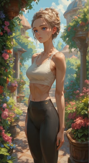 score_9, score_8_up, score_7_up, BREAK, beatiful woman, garden, intricate, princess, portrait, highly detailed, detailed skin, film grain, blue eyes, yoga pants