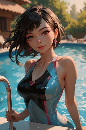 score_9, score_8_up, score_7_up, score_6_up, score_5_up, score_4_up, anime_source, (masterpiece), best quality, best face, pink lips, brown eyes, black hair, small bust, attention to detail face, extremely attractive girl. She is floating in a swimming pool in tight clothes