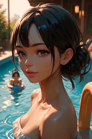 score_9, score_8_up, score_7_up, score_6_up, score_5_up, score_4_up, anime_source, (masterpiece), best quality, best face, pink lips, brown eyes, black hair, small bust, attention to detail face, extremely attractive girl. She is floating in a swimming pool…