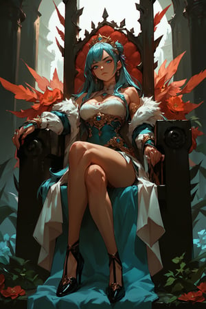 score_9, score_8_up, score_7_up, score_6_up, score_5_up, score_4_up, anime_source, a fit muscular anime girl sitting on a throne