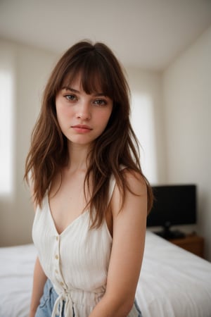 fashion portrait photo of a young woman, background bedroom scenery, awe expression, bangs hairstyle,EveDumon