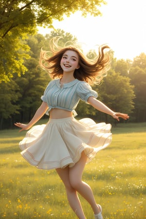 A bright-eyed young woman spins and twirls around an open space meadow, lost in the infectious beat of an upbeat melody. Her hair flows freely as she moves to the rhythm, a beaming smile illuminating her face. Soft, warm outdoors lighting bathes the scene, casting a golden glow on the joyful scene.
