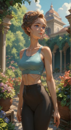 score_9, score_8_up, score_7_up, BREAK, beatiful woman, garden, intricate, princess, portrait, highly detailed, detailed skin, film grain, blue eyes, yoga pants