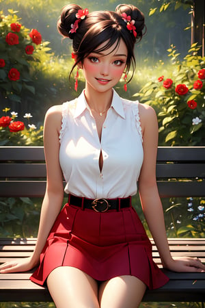 1girl, solo, large breasts, looking at viewer, smile, short hair, bangs, skirt, brown hair, shirt, hair ornament, bare shoulders, brown eyes, sitting, white shirt, flower, outdoors, parted lips, sleeveless, day, belt, hair flower, hair bun, sleeveless shirt, double bun, red skirt, red flower, bench, hands on lap, digital art, professional style, detailed image, detailed skin, blush, realistic eyes, extremely beautiful woman, ((masterpiece quality: 2)), light particles, attractive image, reflections, Details,Eyes