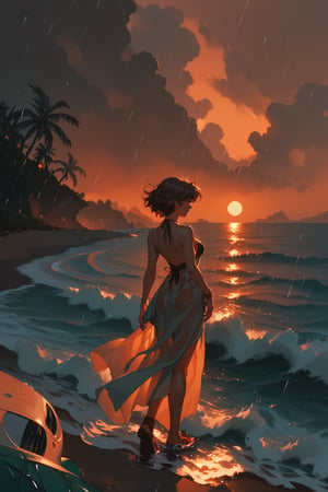 (score_9,score_8_up,score_7_up),1girl, solo, small_sized_chest, 80s_short_dark_brown_hair, dark_brown_eyes, half Irish half English ethnicity, light skin complexion, 21 years old, 80s clothing style , silhouette, sunset, beach, rainy, picturesque