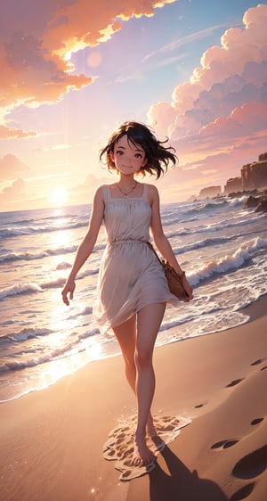 pixar style, illustration of a girl walking in the sand beach, warm soft lighting, sunset, cloud, cloudy sky, (sparks:0.7), (light particles:1.1), volumetric lighting, smug, smirk
