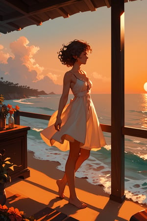 (score_9,score_8_up,score_7_up),1girl, solo, indoors, medium_sized_chest, curly_short_dark_brown_hair, dark_brown_eyes, half Irish half English ethnicity, light skin complexion, 31 years old, sundress, silhouette, sunset, beach, windy, picturesque