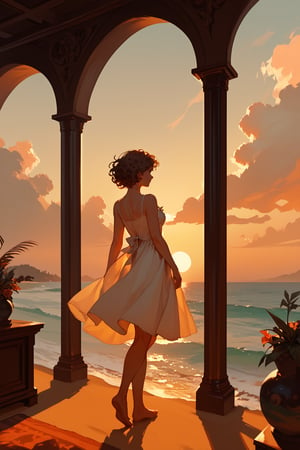 (score_9,score_8_up,score_7_up),1girl, solo, indoors, medium_sized_chest, curly_short_dark_brown_hair, dark_brown_eyes, half Irish half English ethnicity, light skin complexion, 31 years old, sundress, silhouette, sunset, beach, windy, picturesque