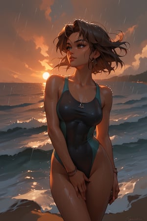 (score_9,score_8_up,score_7_up),1girl, solo, small_sized_chest, 80s_short_dark_brown_hair, dark_brown_eyes, half Irish half English ethnicity, light skin complexion, 21 years old, 80s yoga  clothing style , silhouette, sunset, beach, rainy, picturesque, covering groin