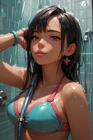 score_9, score_8_up, score_7_up, score_6_up, score_5_up, score_4_up, anime_source, (masterpiece), best quality, best face, pink lips, brown eyes, black hair, small bust, attention to detail face, extremely attractive girl. She is showering in a bikini.