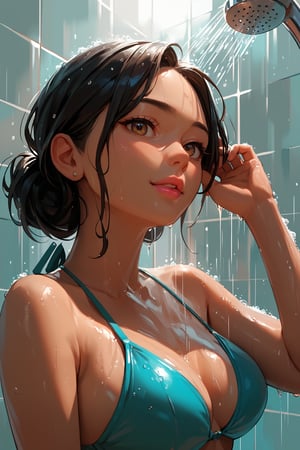 score_9, score_8_up, score_7_up, score_6_up, score_5_up, score_4_up, anime_source, (masterpiece), best quality, best face, pink lips, brown eyes, black hair, small bust, attention to detail face, extremely attractive girl. She is showering in a bikini.