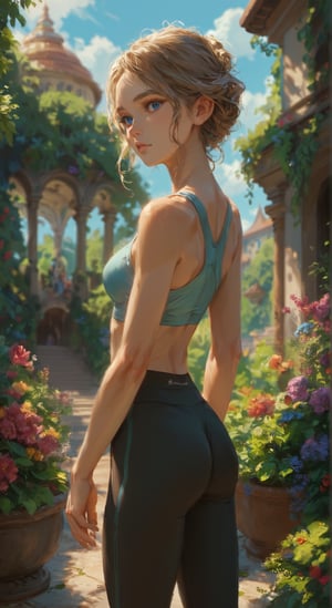 score_9, score_8_up, score_7_up, BREAK, beatiful woman, garden, intricate, princess, portrait, highly detailed, detailed skin, film grain, blue eyes, yoga pants