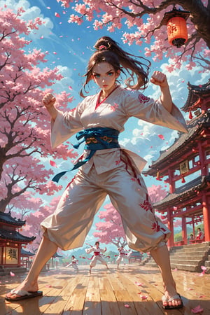 score_9,score_8_up,score_7_up,source_anime, BREAK (masterpiece), best quality. Create an image of a martial artist woman with a youthful and athletic appearance. She has long, flowing brown hair tied back in a high ponytail, and she is wearing a traditional karate gi with a blue belt tied firmly around her waist. Her bright blue eyes reflect determination and strength. She stands in a fighting stance, with one fist raised and her feet planted firmly on the ground. The setting is a sunlit dojo, with wooden floors and paper lanterns casting soft light. In the background, cherry blossom trees are in full bloom, their petals gently floating through the air, adding a serene contrast to her powerful stance. Her expression is calm yet focused, ready for the next move.