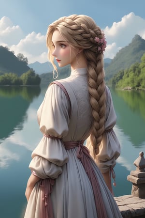 best quality,  masterpiece, beautiful blond girl, long braided hair, lake background scenery, 